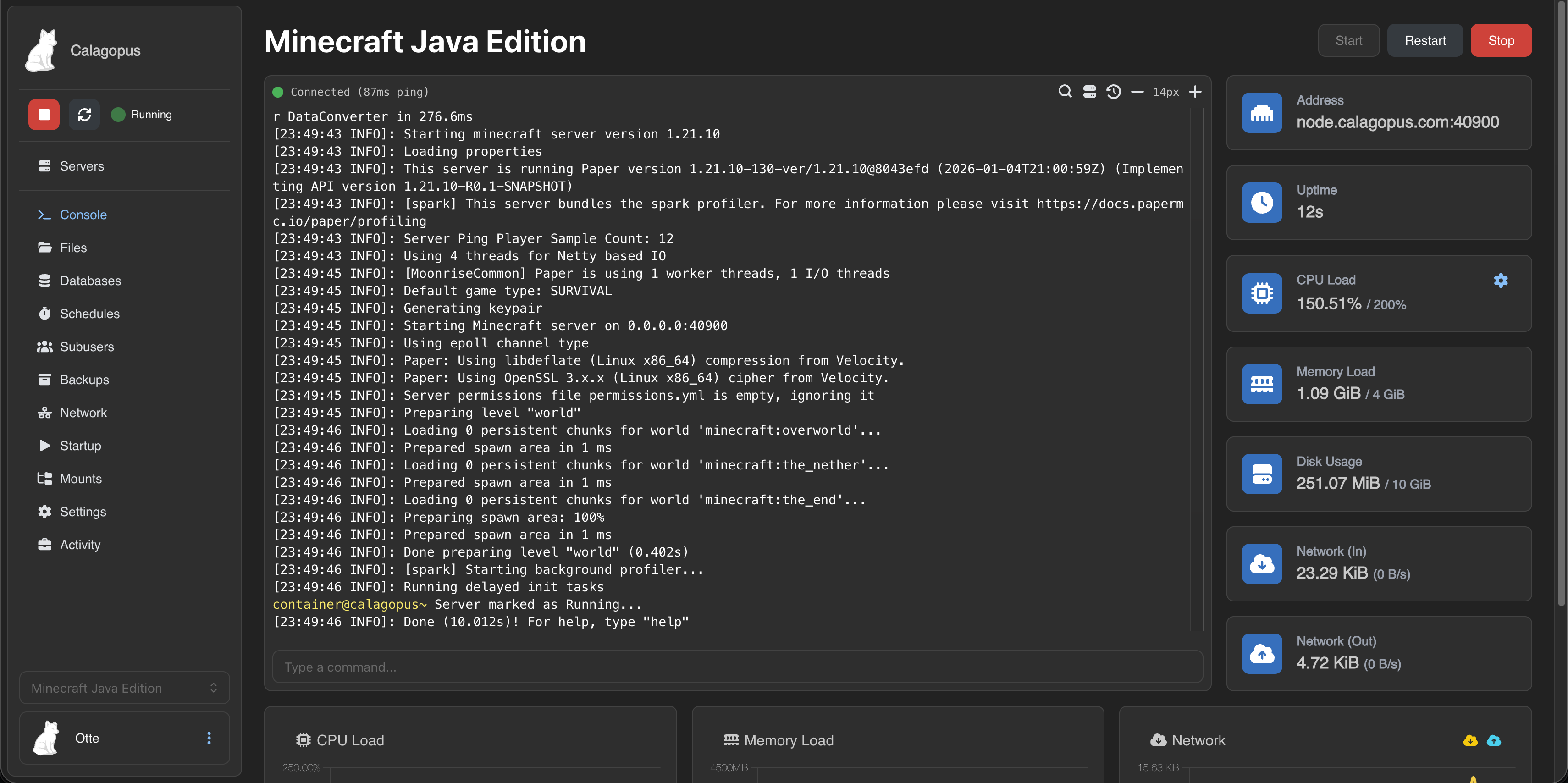 Calagopus panel server overview showing a running Minecraft Java Edition server with CPU, memory, disk, and network stats