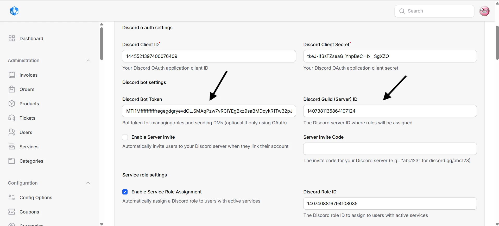 fill in guild token and bot token 