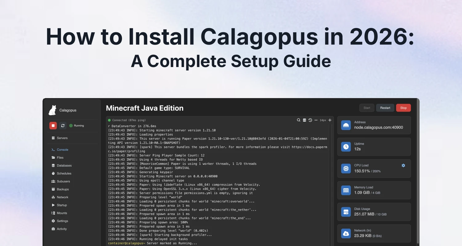 Terminal window showing the Calagopus panel Docker Compose installation commands