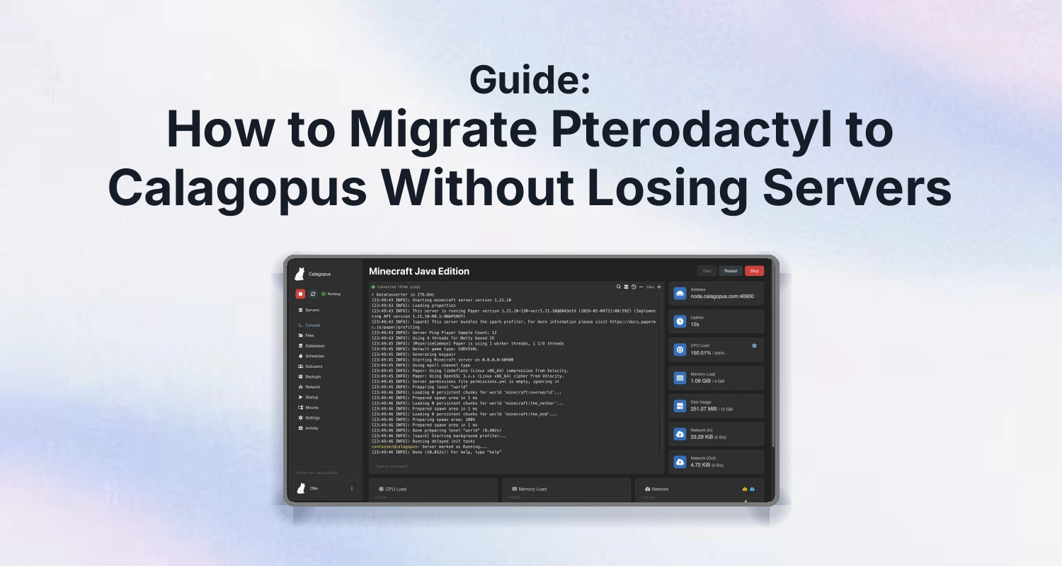 Illustration of a server panel migration from Pterodactyl to Calagopus