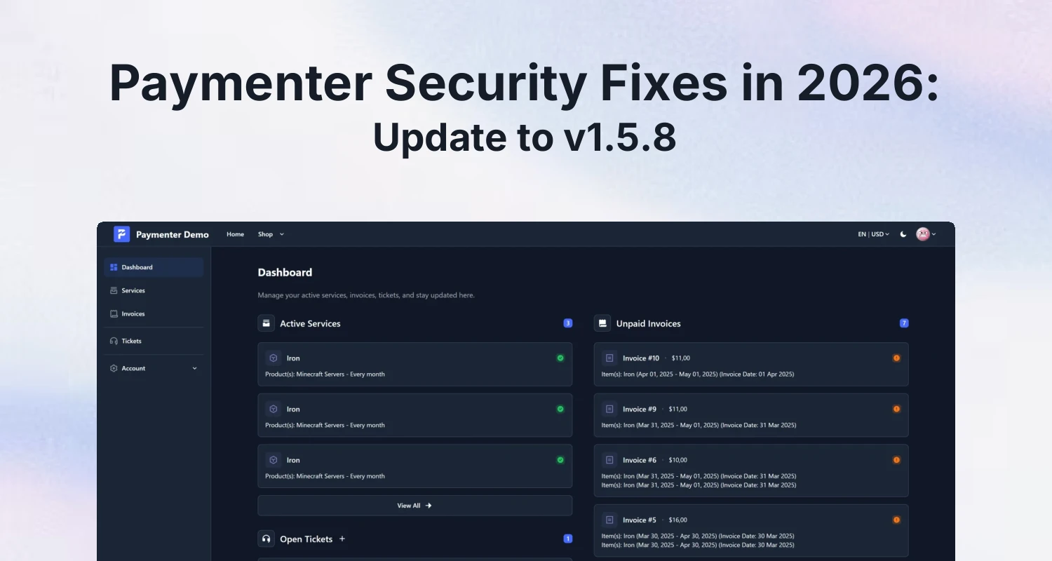 Paymenter billing dashboard representing the platform's 2026 security update history