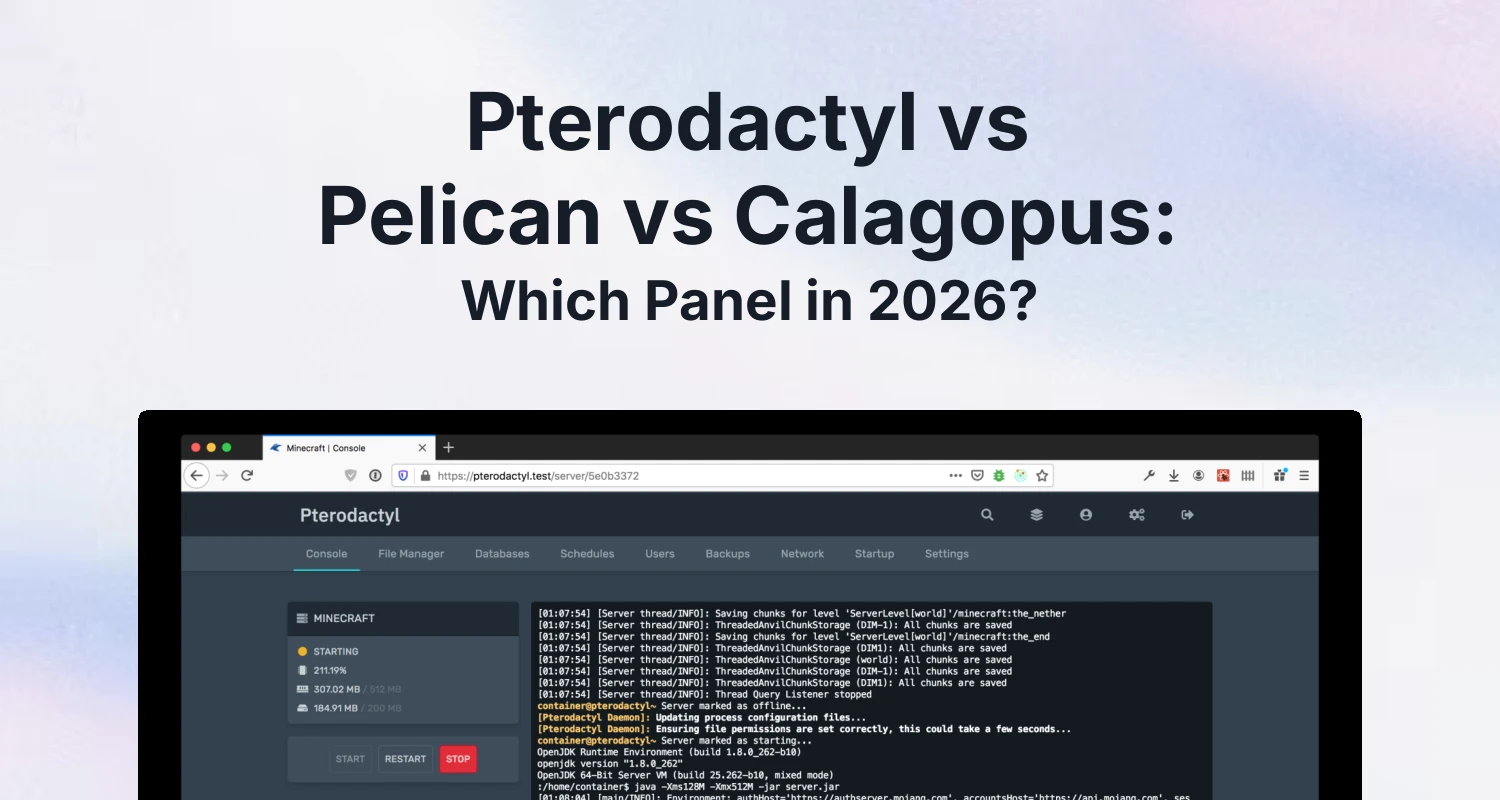 Pterodactyl, Pelican and Calagopus game server panel logos side by side
